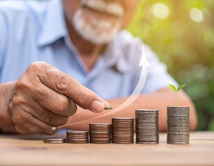 An elderly person adds a coin to a growing stack, with a growing plant and rising arrow superimposed