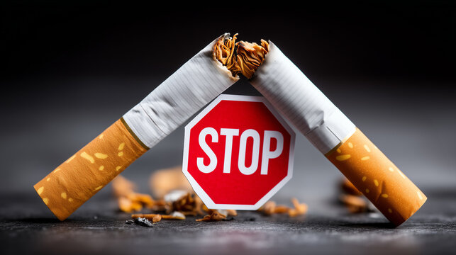 Stop smoking concept with two cigarettes forming cross shape and red stop sign, powerful anti-addiction visual, quit smoking symbolism, with copy space - Powered by Adobe