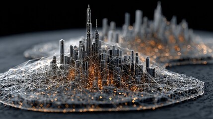 Dynamic cityscape with futuristic network connections, representing smart cities, technological advancements, and innovative urban designs