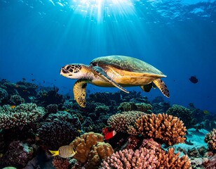 Obraz premium ・透明な海を優雅に泳ぐ海亀の水中風景 ・Sea turtle swimming gracefully in a clear tropical ocean