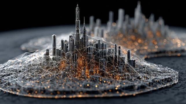 Dynamic cityscape with futuristic network connections, representing smart cities, technological advancements, and innovative urban designs - Powered by Adobe