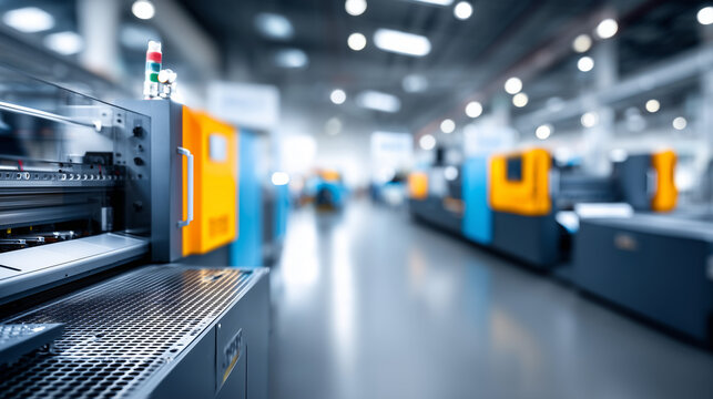 Printing facility equipment visualization, heavily defocused background, commercial printing setup, graphic production machinery, publishing industry infrastructure, with copy spac