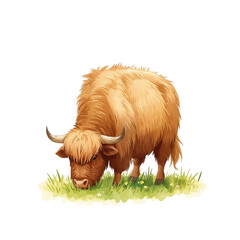 Charming watercolor-style yak illustration, perfect for children's books, educational content, or nature-themed designs. Isolated on white.