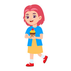 Cartoon Girl holding a cupcake,  birthday vector illustration