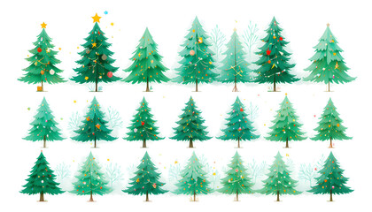 Obraz premium Vibrant Christmas trees with colorful ornaments and lights on white background