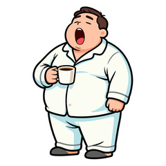 Obraz premium [Vector EPS]Yawning man in pajamas holding a cup of coffee in the morning