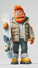 3d Cartoon Character Cheerful Man in winter clothes and holding snow ski board