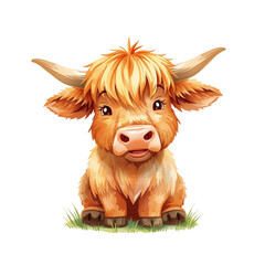 Charming watercolor-style yak illustration, perfect for children's books, educational content, or nature-themed designs. Isolated on white.
