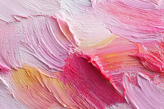 thick impasto paint strokes in vibrant pink and white tones