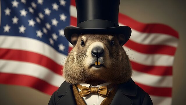 Patriotic groundhog in top hat and suit