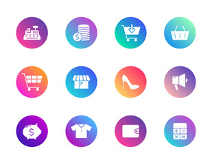 Shopping, retail, finance. Vector set of 12 round gradient icons featuring cart, wallet, shoe, and register for e-commerce, fashion, and budgeting UI design.