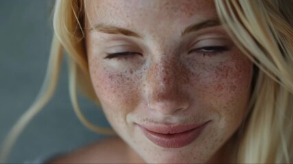 A young woman with blonde hair and striking blue eyes has a radiant smile as she looks directly at the camera. She is adorned with light makeup that accentuates her natural beauty.