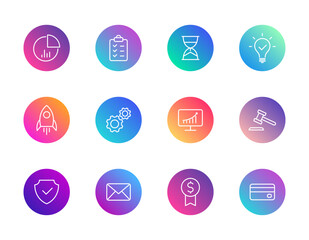 Business, finance, productivity. Vector set of 12 round gradient icons featuring chart, gears, credit card, and rocket for planning, strategy, and corporate UI design.