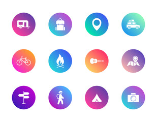 Fototapeta premium Travel, camping, outdoor adventure. Vector set of 12 round gradient icons featuring backpack, trailer, tent, and map for tourism, hiking, and nature UI design.