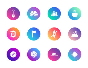 Outdoor activities, camping, recreation. Vector set of 12 round gradient icons featuring kayak, compass, sun, and trees for nature, sports, and adventure UI design.