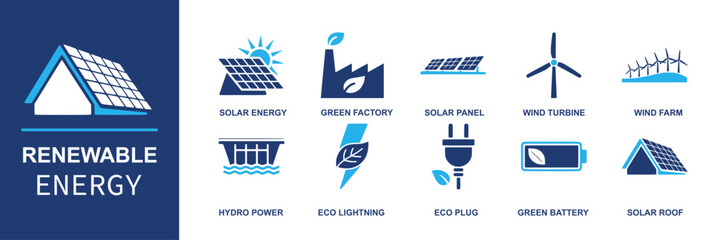 Renewable energy icon set. Containing solar energy, green factory, solar panel, wind turbine, wind farm, hydro power, eco lightning, eco plug, green battery, solar roof and more. Solid vector icons