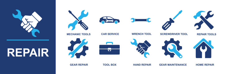 Repair icon set. Containing mechanic tools, car service, wrench tool, screwdriver tool, repair tools, gear repair, tool box, hand repair, gear maintenance, home repair and more. Solid vector icons