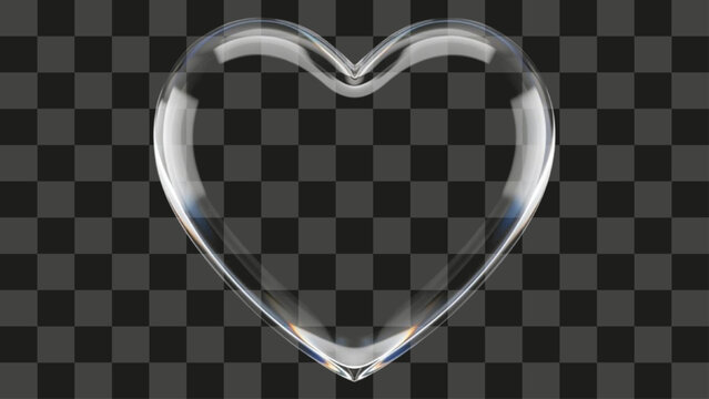 Transparent glass heart shape rendering, realistic volumetric bubble element, shiny polished crystal symbol over alpha channel