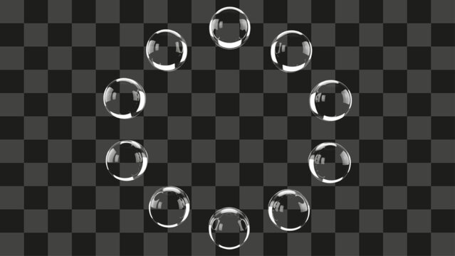 3D rendering of clear transparent spheres arranged in a circular frame, glossy glass bubbles with realistic reflections and highlights, abstract design element or infographic loading symbol