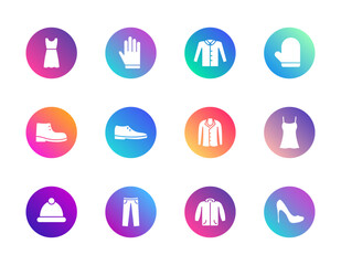 Clothing, fashion, wardrobe. Vector set of 12 round gradient icons featuring dress, glove, boot, and blazer for retail, UI, and style design.