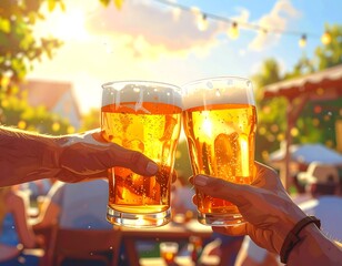 Animated image of two hands toasting with glasses of golden ale outdoors, sunny backyard. Sunlight bathes the scene
