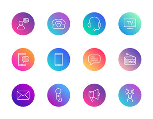 Communication, media, broadcasting. Vector set of 12 round gradient icons featuring phone, speech bubble, radio, and tower for UI, messaging, and digital design.
