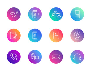 Fototapeta premium Communication, media, messaging. Vector set of 12 round gradient icons featuring paper plane, video call, headphones, and notepad for UI and digital design.
