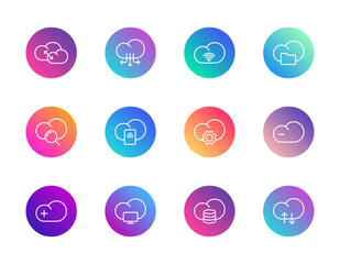 Cloud computing, storage, connectivity. Vector set of 12 round gradient icons featuring cloud sync, folder, Wi-Fi, and database for tech UI and digital infrastructure design.