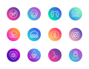 Covid-19, safety, isolation. Vector set of 12 round gradient icons featuring mask, stay home, shield, and warning for medical UI and public awareness design.