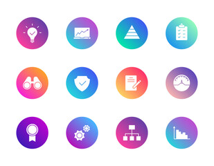 Fototapeta premium Business, productivity, organization. Vector set of 12 round gradient icons featuring chart, gears, clipboard, and pyramid for UI and strategy design.