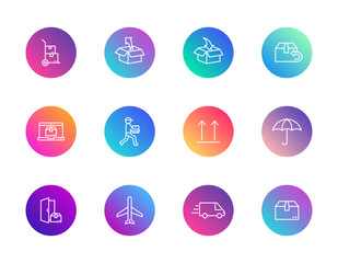 Delivery, packaging, logistics. Vector set of 12 round gradient icons featuring box, truck, airplane, and umbrella for UI and e-commerce design.