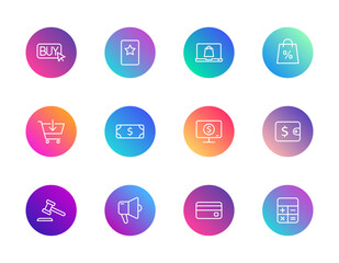 E-commerce, finance, shopping. Vector set of 12 round gradient icons featuring cart, wallet, credit card, and calculator for UI and store design.
