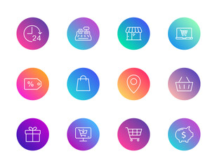 Retail, shopping, e-commerce. Vector set of 12 round gradient icons featuring cart, store, piggy bank, and discount tag for UI and consumer design.