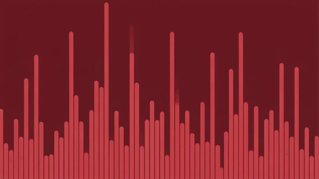 Animated red audio spectrum analyzer with vertical bars moving up and down. Modern digital soundwave display for music or data visualization. Seamless looping background
