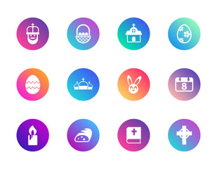 Easter, Christian tradition, celebration. Vector set of 12 round gradient icons featuring bishop, bunny, church, and decorated eggs for festive UI and seasonal design.