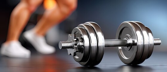 Fototapeta premium Close-up of dumbbells on a gym floor with a blurred woman exercising in the background, showcasing fitness and strength training