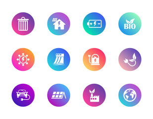 Green energy, sustainability, eco power. Vector set of 12 round gradient icons featuring EV, solar, hydro, and recycling for UI and environmental design.
