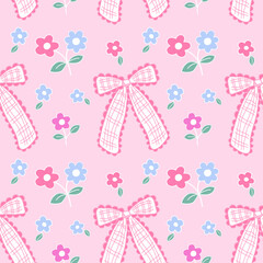 cute coquette aesthetic pattern seamless pink ribbon bow isolated on pink background
