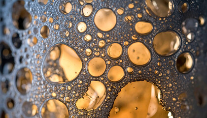 Abstract background for International Beer Day. Golden amber and honey-yellow tones with soft glowing light overlay, subtle bubbles, smooth texture, dark elegant backdrop, empty copy space.