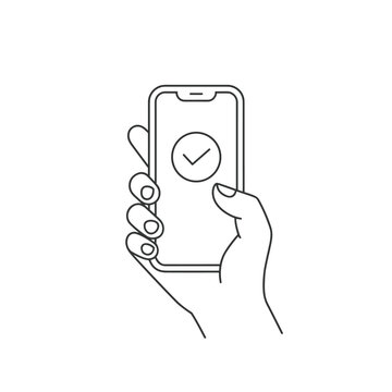 A line art illustration shows a hand holding a smartphone displaying a checkmark for confirmation