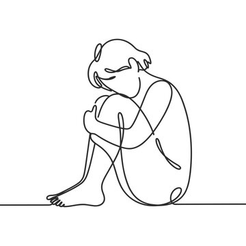 A continuous line drawing portrays a solitary figure sitting in a fetal position, evoking feelings of contemplation or sadness