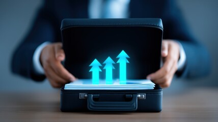 business growth revenue execution. Businessman opening a briefcase with digital growth arrows emerging from it.