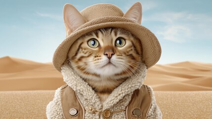 Adorable cat in adventurer outfit posing in desert with blue sky in background