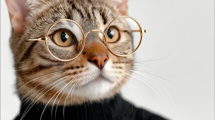 Adorable cat wearing glasses and sweater with curious expression