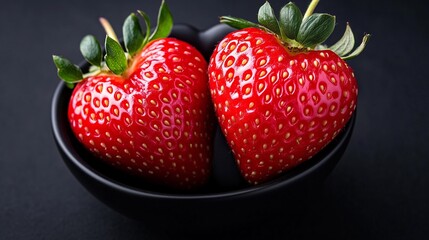 Heart-shaped strawberries in black bowl: love and freshness in vibrant red