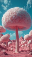 Surreal dreamscape with fluffy pink mushroom-like trees under blue sky