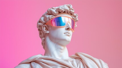 Classical marble statue wearing futuristic sunglasses on pink background