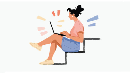 Fototapeta premium Woman sitting on chair working on laptop with colorful rays around her