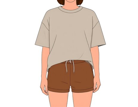 Person wearing a tan shirt and brown shorts, centered, isolated on white