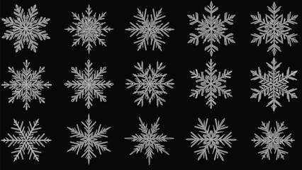 This striking image showcases a collection of large, uniquely intricate white snowflake designs on a contrasting black background, ideal for winter holiday decorations. © Fezi